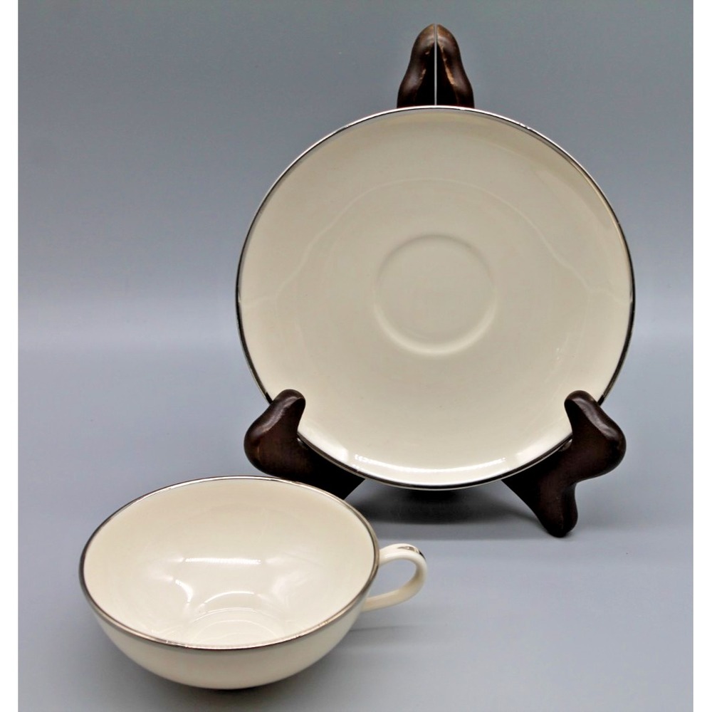 Franciscan Masterpiece China Cup & Saucer Set White Silver Platinum Rim Vintage